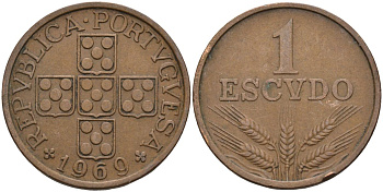 Португалия 1 эскудо 1969 первый год KM 597 бронза 4126-611