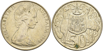 Австралия 50 центов 1966 Елизавета II (1952-2022), герб Австралии, кенгуру KM 67 серебро 4131-632