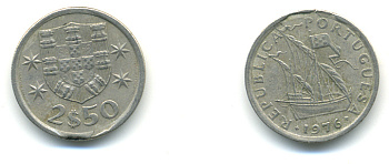 ПОРТУГАЛИЯ 2,5 ЭСКУДО 1976 ПАРУСНИК KM 590 медно-никель 3999-834