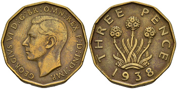 Великобритания 3 пенса 1938 Георг VI (1936-1952) KM 849, Spink 4112 никель латунь 4153-717