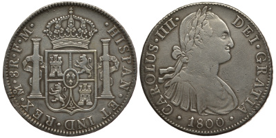 Мексика 8 реалов 1800 FM, МОНДВОР (МЕХИКО СИТИ), КАРЛ IV ИСПАНСКИЙ (1788-1808) KM 109 серебро 00-000-00