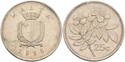 Мальта 25 центов 1995 шиповник вечнозелёный KM 97 медно-никель 3336-351
