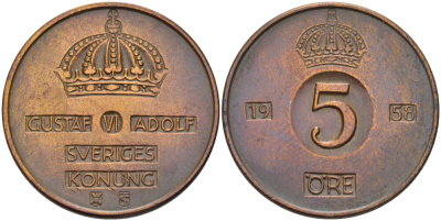 Швеция 5 эре 1958 T;S, Густав VI Адольф (1950-1973) KM 822 бронза 32-1143