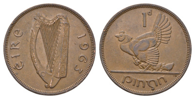 Ирландия 1 пенни 1963 курица с цыплятами KM 11 бронза 4178-1236