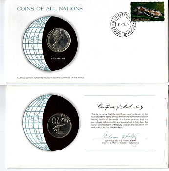 Острова Кука 20 центов 1983 конверт с маркой первого дня гашения, Coins of Nations KM 5 медно-никель UNC 9-1-01-94
