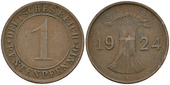 Германия 1 рентенпфенниг 1924 A KM 30, J. 306 бронза 4608-317