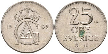 Швеция 25 эре 1969 Густав VI Адольф (1950-1973) KM 836 медно-никель UNC 4585-467