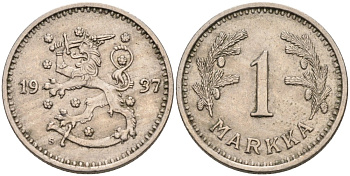 ФИНЛЯНДИЯ 1 МАРКА 1937 S KM 30 медно-никель 4563-637