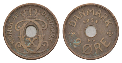 Дания 2 эре 1928 N, Кристиан X (1912-1947) KM 827 бронза 4658-219