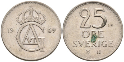 Швеция 25 эре 1969 Густав VI Адольф (1950-1973) KM 836 медно-никель UNC 4585-467