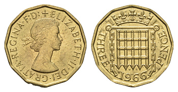 Великобритания 3 пенса 1966 Елизавета II (1952-2022) KM 900, Spink 4153 никель латунь 4121-712