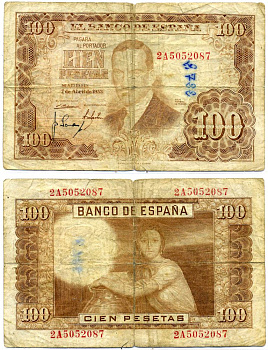 Испания 100 песет 1953 7 апреля 1953 Pick 145а бумага 8564-18-1-1