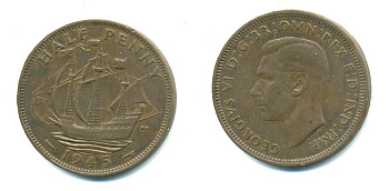 Великобритания 1/2 пенни 1945 Георг VI (1936-1952) KM 844, Spink 4115 бронза 59-725