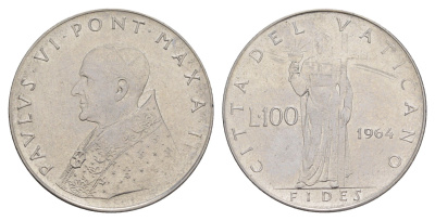 Ватикан 100 лир 1964 Павел VI KM 82 нержавеющая сталь UNC 4648-137