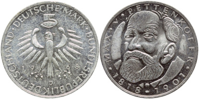 ФРГ 5 марок 1968 D, 150 лет со дня рождения Макса фон Петтенкофера J. 398, KM 123.1 серебро UNC 221-224