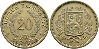 Финляндия 20 марок 1939 S KM 32 алюминиевая бронза 4389-113