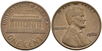 США 1 цент 1960 Линкольн KM 201 медь цинк 4564-341
