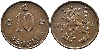 Финляндия 10 пенни 1923 республика (1918-1962) KM 24 медь 4388-911
