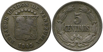 Венесуэла 5 сентимо 1945 KM 29a медно-никель 4576-566
