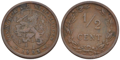 НИДЕРЛАНДЫ 1/2 ЦЕНТА 1903 ВИЛЬГЕЛЬМИНА (1890-1948) KM 133 бронза 39-147
