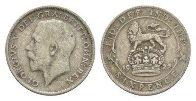 Великобритания 6 пенсов 1922 Георг V (1910-1936) KM 815a.1, Spink 4024 серебро 75-852