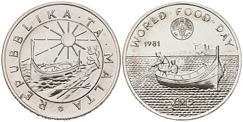 Мальта 2 лиры 1981 Всемирный день продовольствия, в оригинальной упаковке KM 52 серебро BU 4-4-1-06