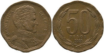 Чили 50 песо 2001 So KM 219.2, Schon 70 алюминиевая бронза 4544-332