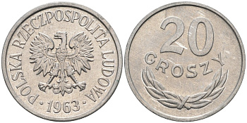 Польша 20 грошей 1963 MW KM А47 алюминий 4564-1058