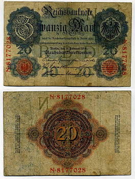 ГЕРМАНИЯ 20 МАРОК 1914 СЕМЬ ЦИФР В НОМЕРЕ Pick 46b бумага 6293-53-1