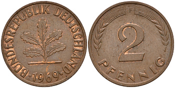 ФРГ 2 пфеннига 1969 F J.381a KM 106a сталь плакированная медью    4598-759