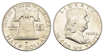 США 1/2 доллара (50 центов) 1963 Бенджамин Франклин, колокол KM 199 серебро  aUNC  4574-1213