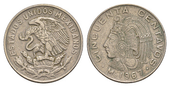 Мексика 50 сентаво 1967 Куаутемок, последний правитель империи ацтеков KM 451 медно-никель 4656-1156