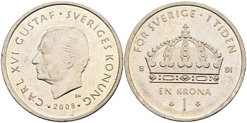 Швеция 1 крона 2008 Карл XVI Густав (1973- ) KM 894 медно-никель 4395-1155