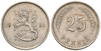Финляндия 25 пенни 1938 S KM 25 медно-никель 4174-959