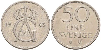 Швеция 50 эре 1963 U, Густав VI Адольф (1950-1973) KM 837 медно-никель UNC 106-356
