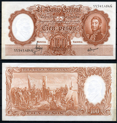 Аргентина 100 песо ND (1967-1969) Генерал Сан Мартин, картина "Основание Буэнос-Айреса", без Ley Pick 277 (2)  бумага  аUNC  444-139-2-2