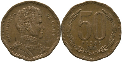 Чили 50 песо 2001 So KM 219.2, Schon 70 алюминиевая бронза 4544-332