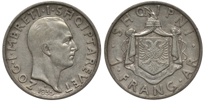Албания 1 франга ари 1935 R, Ахмет Зогу I (1928-1939) KM 16 серебро 1526-1222