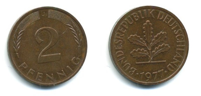 ФРГ 2 пфеннига 1977 J KM 106а, J.381а сталь плакированная медью 3999-1147