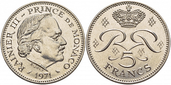 Монако 5 франков 1971 Ренье III (1949-2005) KM 150 медно-никель плакированный никелем 51-1522