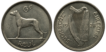 ИРЛАНДИЯ 6 ПЕНСОВ 1928 ИРЛАНДСКИЙ ВОЛКОДАВ KM 5 никель aUNC 1525-923