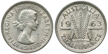 Австралия 3 пенса 1963 m, Елизавета II (1952-2022) KM 57 серебро 71-842