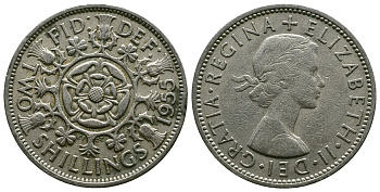 Великобритания 2 шиллинга (флорин) 1955 Елизавета II (1952-2022) KM 906, Spink 4146 медно-никель 4607-913