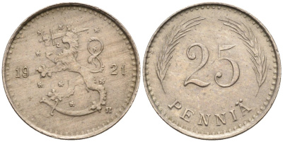Финляндия 25 пенни 1921 республика (1918-1962) KM 25 медно-никель 4588-1057