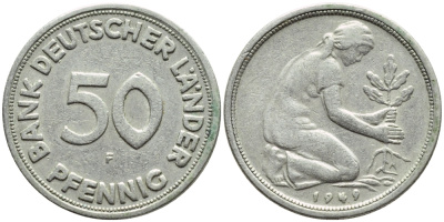 ФРГ 50 пфеннигов 1949 F KM 104, J. 379 медно-никель 4392-1023