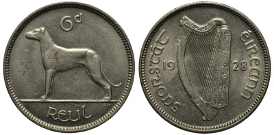 Ирландия 6 пенсов 1928 собака, ирландский волкодав KM 5 никель aUNC 1525-923