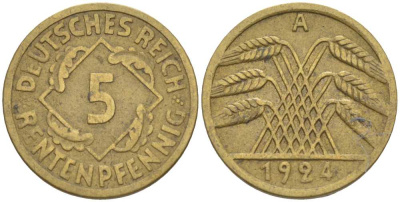 ГЕРМАНИЯ 5 РЕНТЕНПФЕННИГОВ 1924 A KM 32, J. 308, Weege 6 алюминиевая бронза 211-543