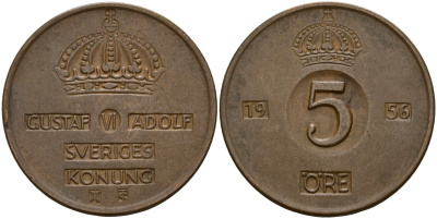 Швеция 5 эре 1956 Густав VI Адольф (1950-1973) KM 822 бронза 4159-556