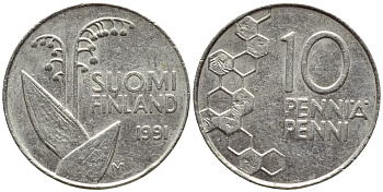 ФИНЛЯНДИЯ 10 ПЕННИ 1991 ЛАНДЫШ KM 65 медно-никель 4383-447