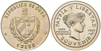 Куба 1 песо 1987 90 лет "сувенирного" песо KM 165 медно-никель UNC 4165-1116